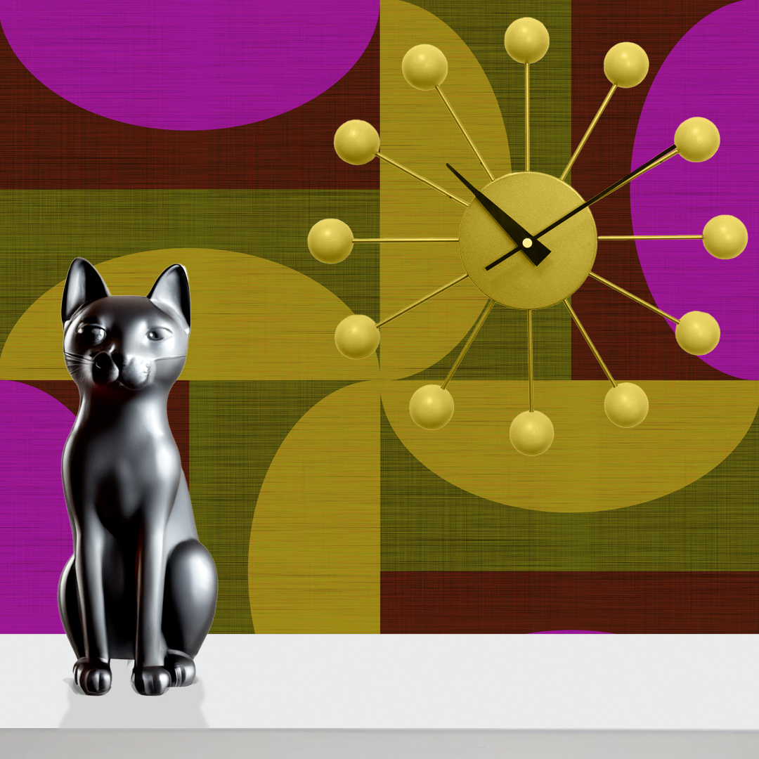 An abstract composition featuring irregular, rounded shapes in vibrant colors. The main colors include bright green, lime green, turquoise, and dark blue, all separated by white, jagged outlines. The shapes overlap and intersect dynamically, forming an energetic and playful pattern. The overall texture has a fabric-like appearance with subtle horizontal and vertical lines running through the colors.